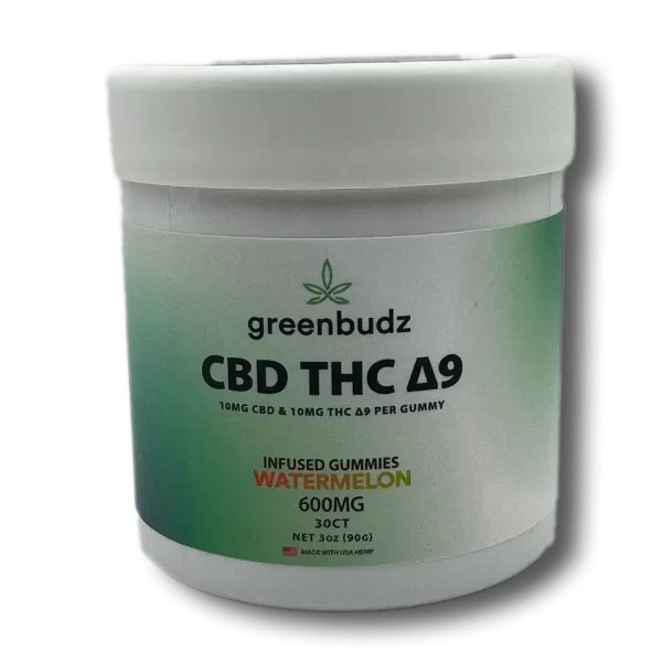 Goma GreenBudz 10 mg CBD e 10 mg THC Delta 9 Watermelon - Sabor Melancia - Pote com 30 gomas